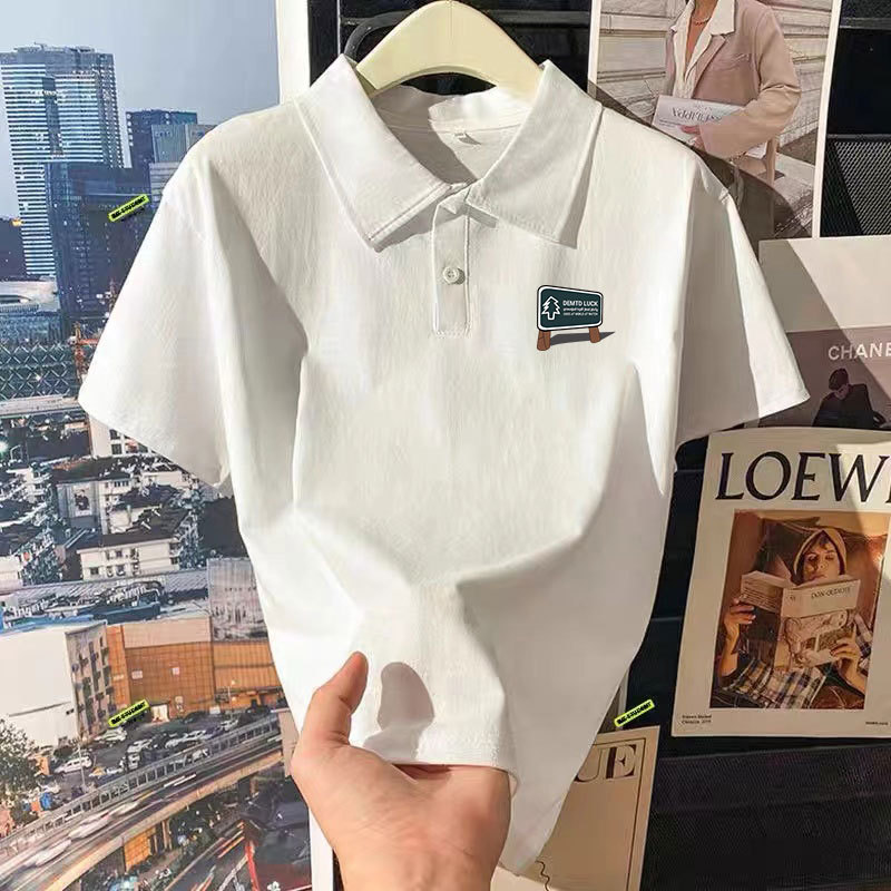 Pure Cotton Short-Sleeve Polo Shirt for Men and Women, 2024 Summer Loose-Fitting Collared T-Shirt, Hong Kong Style Versatile Student Half-Sleeve Top, Trendy