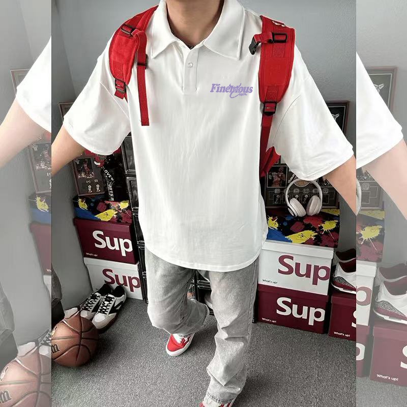 Pure Cotton Short-Sleeved T-Shirt for Men, Summer Casual Hong Kong Style, Loose Plus Size Polo Shirt with Letter Print, Simple Style Pure Cotton Short-Sleeved T-Shirt for Men, Summer Casual Hong Kong Style, Loose Plus Size Polo Shirt with Letter Print, Simple Style