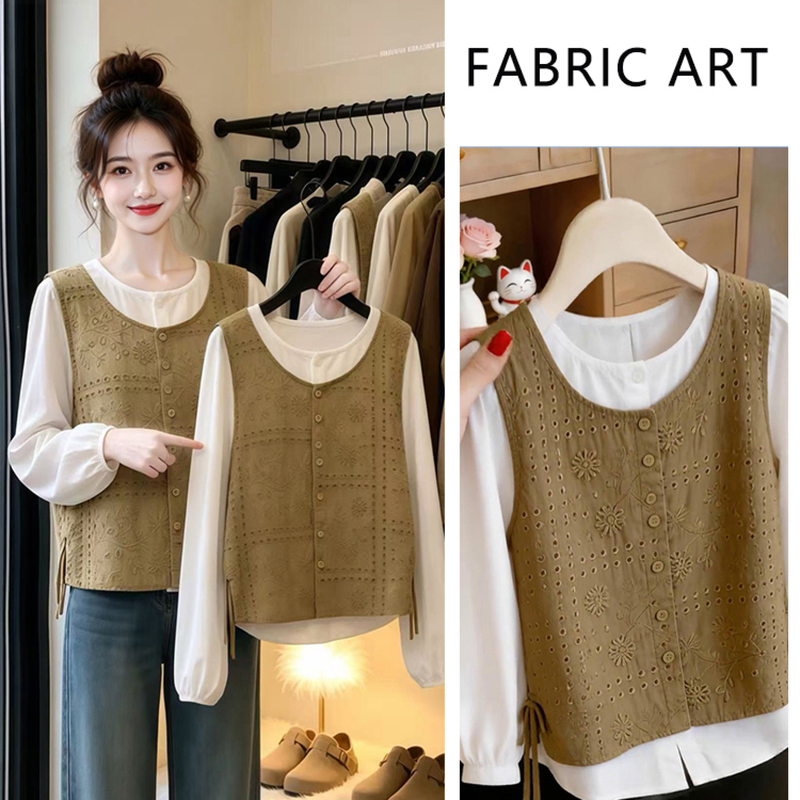 Rufen Fabric Story official store Women's Autumn Fashion Hollow Design Fake Two-Piece Shirt with Slimming Jeans Rufen Fabric Story official store Women's Autumn Fashion Hollow Design Fake Two-Piece Shirt with Slimming Jeans