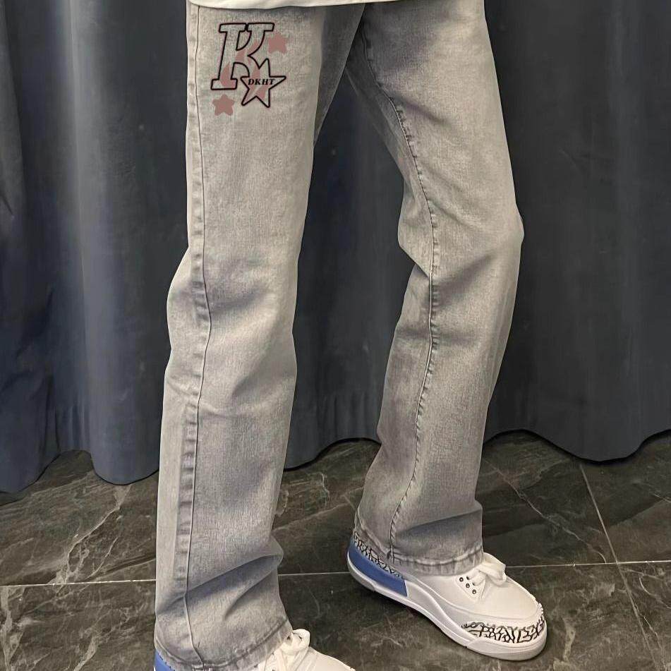 Джинсы с буквенным принтом для детей среднего возраста в американском стиле High street, повседневные модные ins, прямые черные дымчато-серые брюки для мужчин