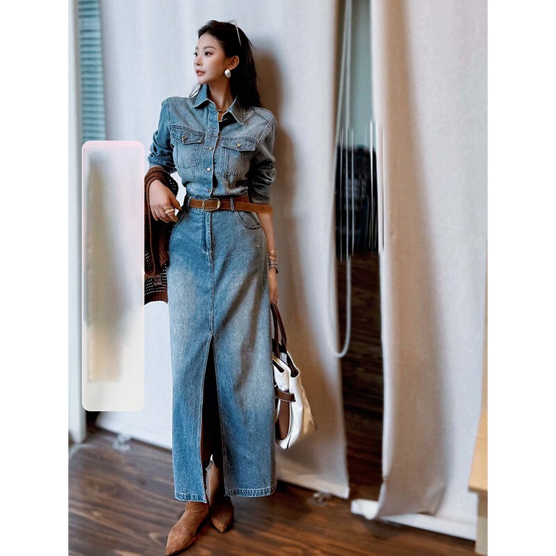 High-End Washed Blue Denim Dress for Women, Autumn and Winter New Design, Long-Sleeved, Mid-Length, High-Waisted, Hip-Hugging Skirt