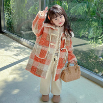 Girls winter quilted woolen coat 23 new Korean style sweet mid-length plaid windbreaker baby thickened coat