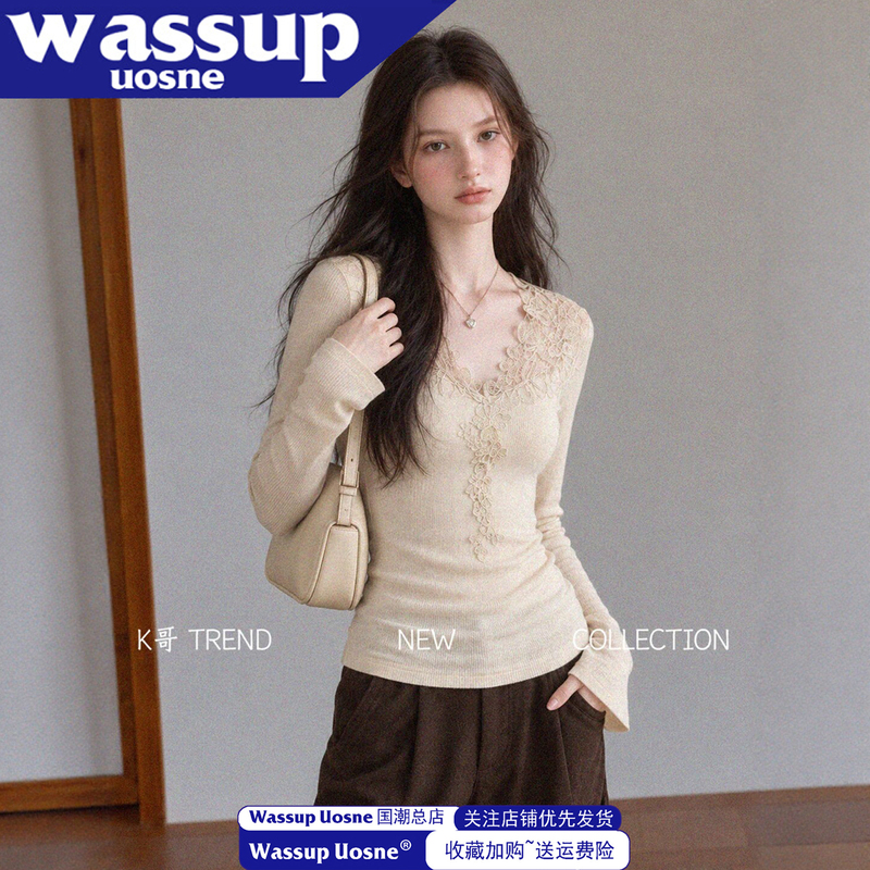 French V-Neck Lace Splicing Long-Sleeved Bottoming Shirt for Women, New Early Autumn Style Slim-Fitting Inner Wear with Bell-Sleeved T-Shirt Top