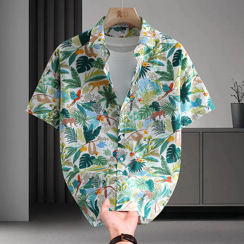 100% Pure Cotton Breathable Short-Sleeved Shirt for Men 2026 Summer Hong Kong Style Green Leaf Floral Shirt Seaside Travel Loose Top 100% Pure Cotton Breathable Short-Sleeved Shirt for Men 2026 Summer Hong Kong Style Green Leaf Floral Shirt Seaside Travel Loose Top