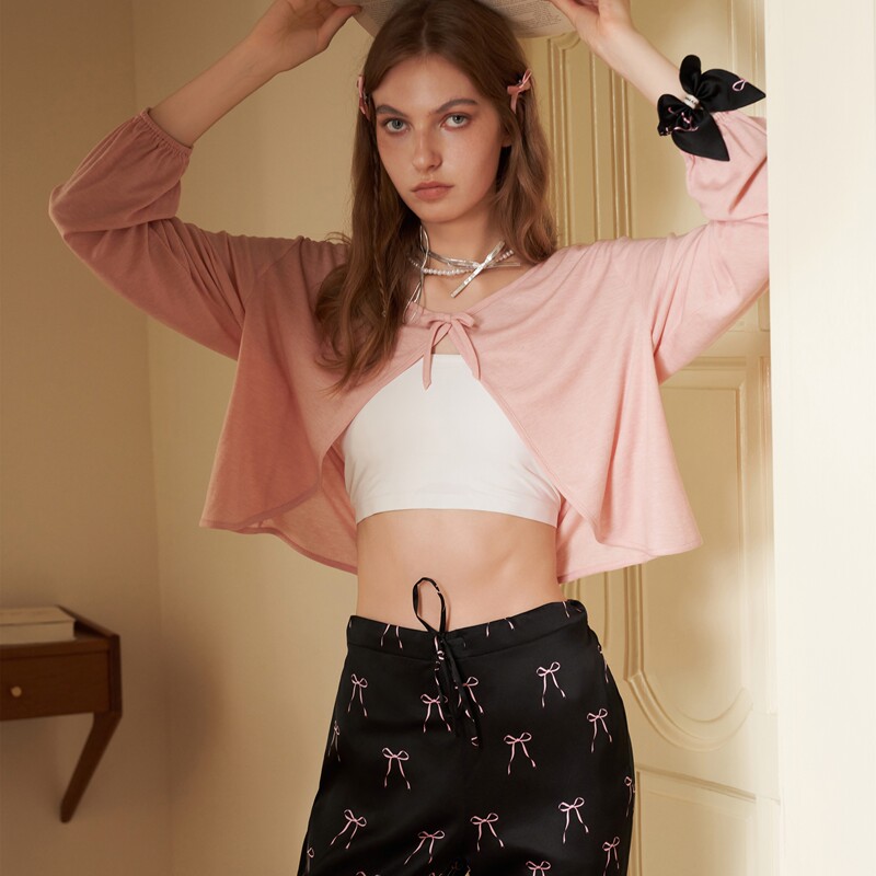 Pjm Inmarch·Silk Fun·Autumn and Winter Bowknot Printed Silk Tie Pants Loungewear