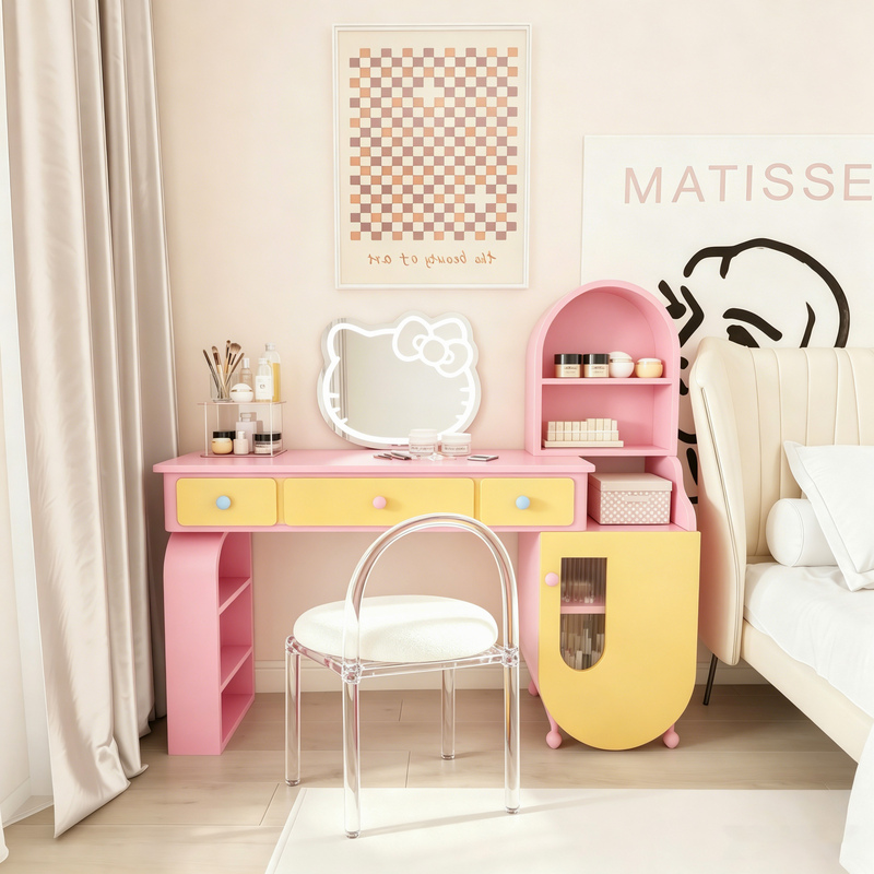 Dopamine-Colored Dressing Table, Bedroom Integrated Makeup Table, Girly Desk, Bedside Multifunctional Storage Cabinet Dopamine-Colored Dressing Table, Bedroom Integrated Makeup Table, Girly Desk, Bedside Multifunctional Storage Cabinet
