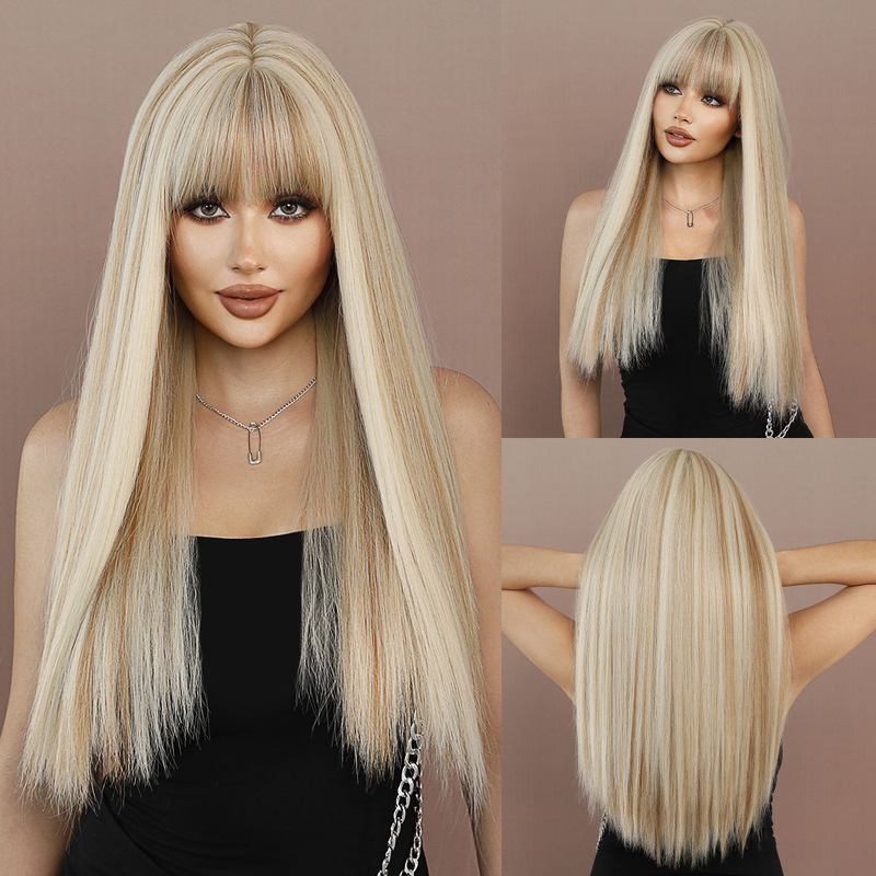 European and American Xiaohongshu Bloggers' Wigs for Girls, Long Straight Hair with Highlights, Off-White Lolita Cosplay Synthetic Full Head Wigs European and American Xiaohongshu Bloggers' Wigs for Girls, Long Straight Hair with Highlights, Off-White Lolita Cosplay Synthetic Full Head Wigs