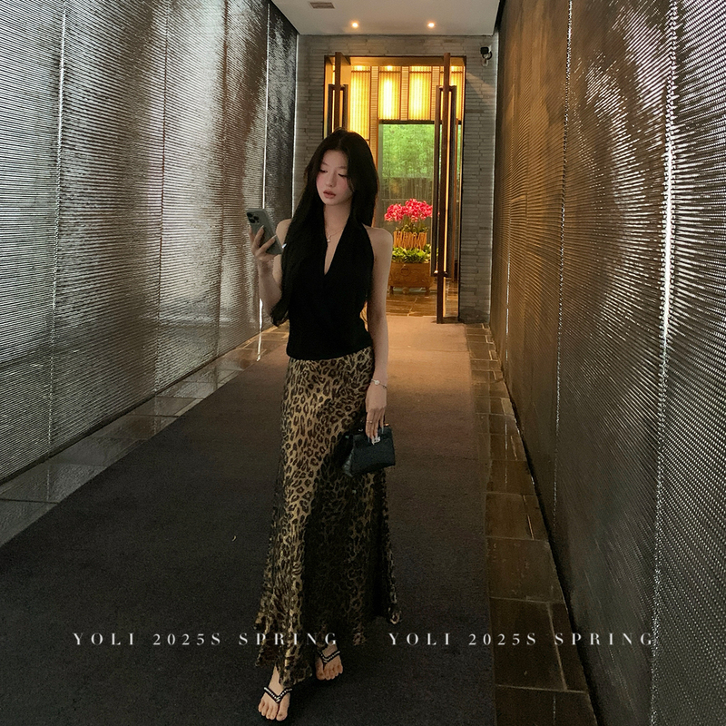 Yoli Zhang Yuli's "Self-Creating the Focus" Leopard Print Skirt Women's Summer New Casual Slim Fit Draped Elegant Long Skirt