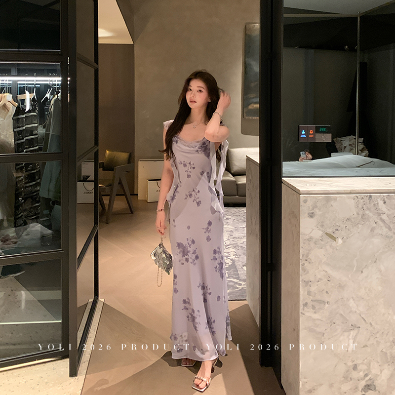 Yoli Zhang Yuli's "Fragrant Aroma" Purple Flower Swing Collar Ribbon Dress Women's Summer Vacation Style Slimming Long Dress Yoli Zhang Yuli's "Fragrant Aroma" Purple Flower Swing Collar Ribbon Dress Women's Summer Vacation Style Slimming Long Dress