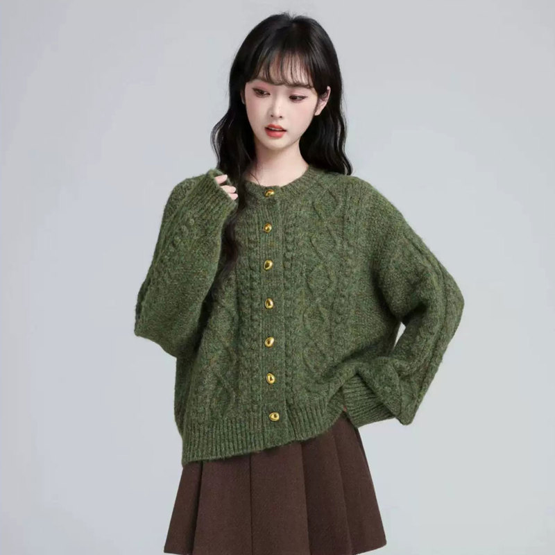 Green Cable-Knit Cardigan for Women, 2026 Autumn Loose Retro Sweater Coat, Lazy Style Round Neck Long-Sleeve Top Green Cable-Knit Cardigan for Women, 2026 Autumn Loose Retro Sweater Coat, Lazy Style Round Neck Long-Sleeve Top