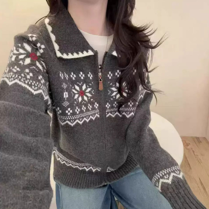 Retro Fair Isle Jacquard Knitted Cardigan for Women 2026 Autum Lapel Zipper Sweater Jacket Warm Long-Sleeved Top