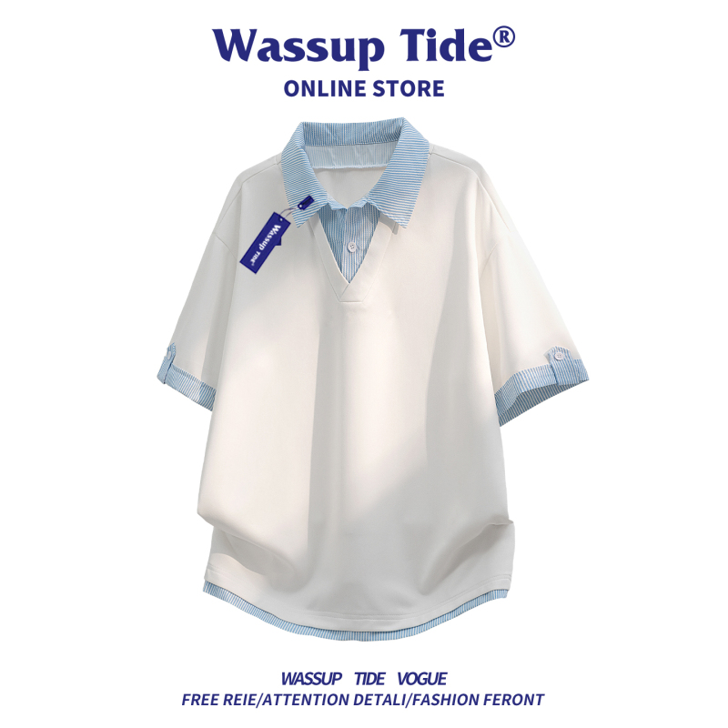 Wassup Tide Fake Two-Piece Striped Short-Sleeve T-Shirt for Men, Summer Trendy Brand, College Style, Loose and Breathable Polo Shirt