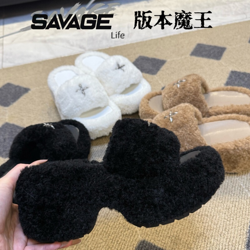 Version Demon King! 9cm Niche Chinese Style Height-Increasing Thick-Soled Plush Slippers for Outdoor Wear, Atmospheric Fur Slippers for Autumn and Winter