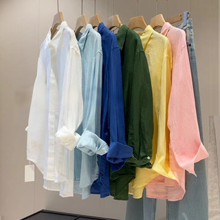 French-Style White Linen Shirt for Women, Summer Thin Loose Fit, Old Money Style, High-End Cotton-Linen Shirt, Long-Sleeved Sun Protection Top