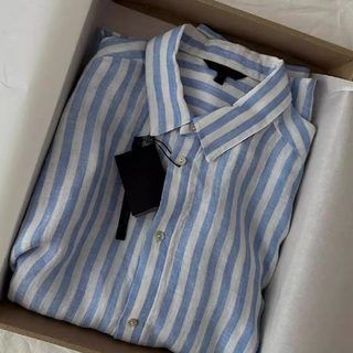 French-Style Blue Striped Linen Shirt for Women, Summer Thin Loose Casual Relaxed Cotton-Linen Shirt, Sun Protection Top