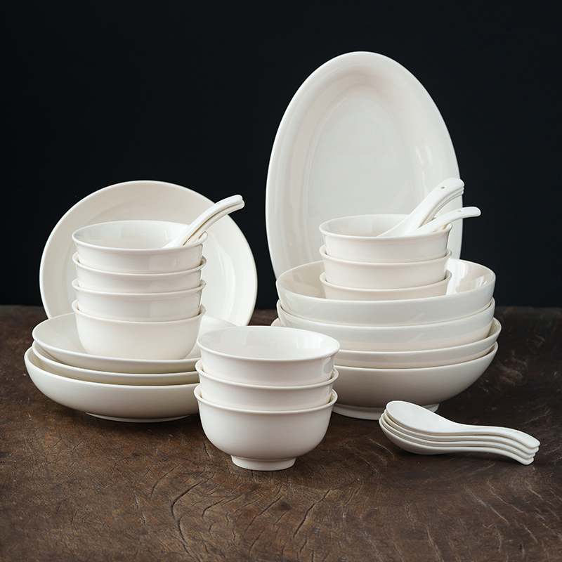 【Off-White】Dehua White Porcelain Dinnerware Set for 5-10 People, Suitable for New Home Use, Complete Set of Ceramic Bowls, Plates, and Spoons