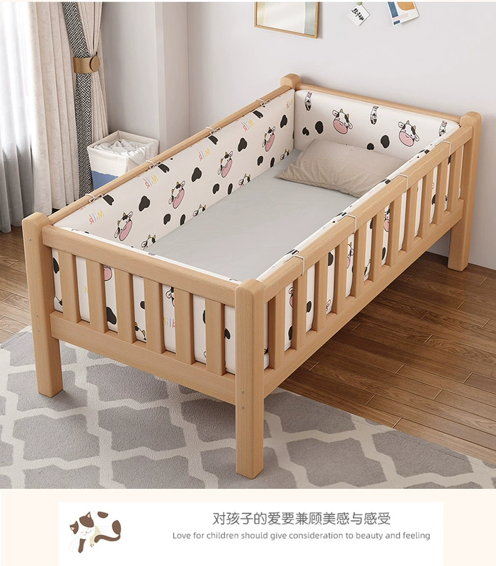 Trẻ Em Nối Giường Gỗ Chắc Chắn Có Lan Can Mở Rộng Nối Giường Lớn Giường Phẳng Giường Cũi Em Bé Gỗ Sồi Bé Nối Giường