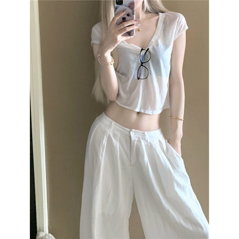 White Tencel Short-Sleeve T-Shirt for Women, Summer Hot Girl Style, Unique and Beautiful, Loose-Fitting Cover-Up, Short, Slightly Sheer, Jazz-Style Top, Thin