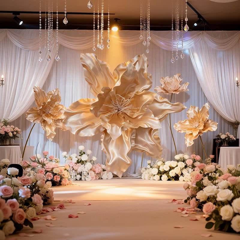 Wedding Stage Background Decoration with Gradient Eva Foam, Handmade Pearlescent Paper Flowers, Flower Path Guide, and Decorative Props