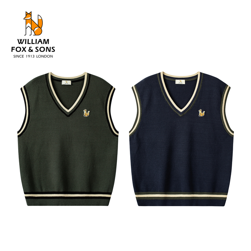 William Fox Men's Spring College Style V-Neck Knitted Vest Couple Style Pullover Sleeveless Sweater for Men