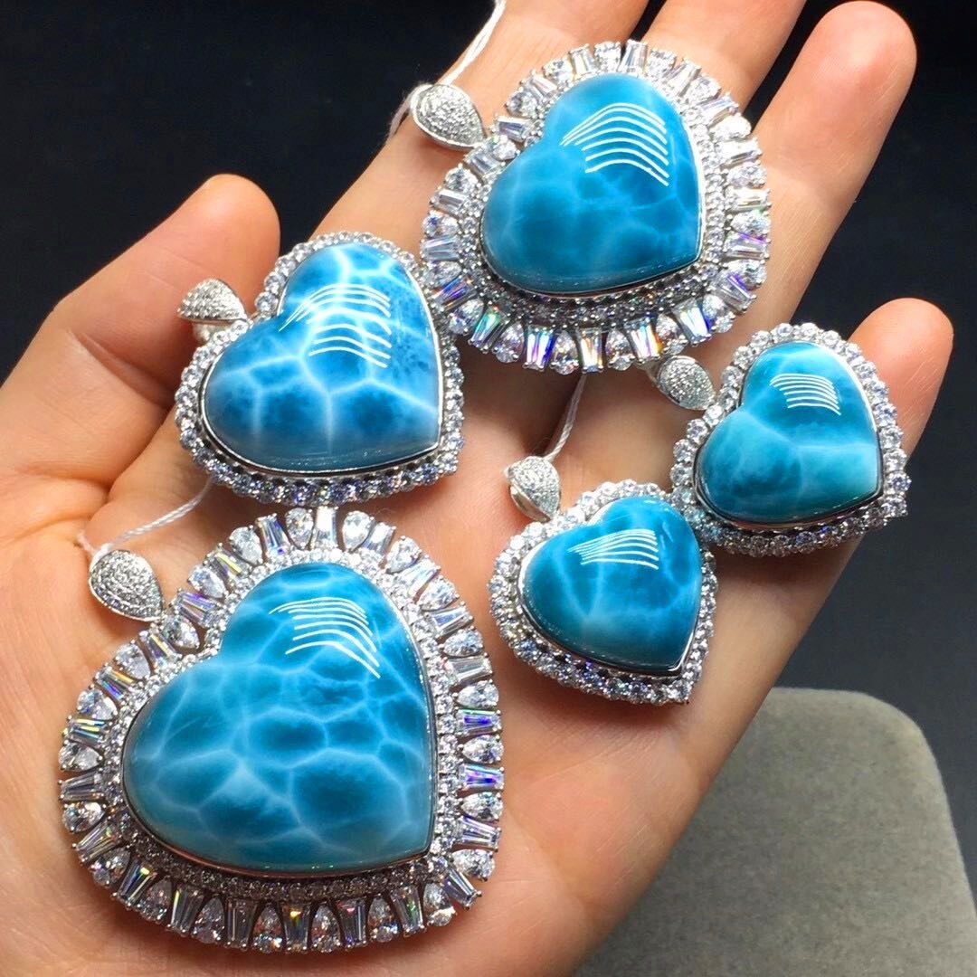 女性用天然ラリマークリスタルペンダント、氷のようなハート型べっ甲模様、925スターリングシルバー象嵌