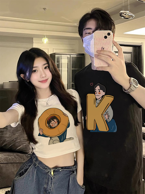 Disoo Special Couple Matching T-Shirts 2026 New Summer Short-Sleeve Trendy Brand Clothing with a High-End Feel, One Long and One Short