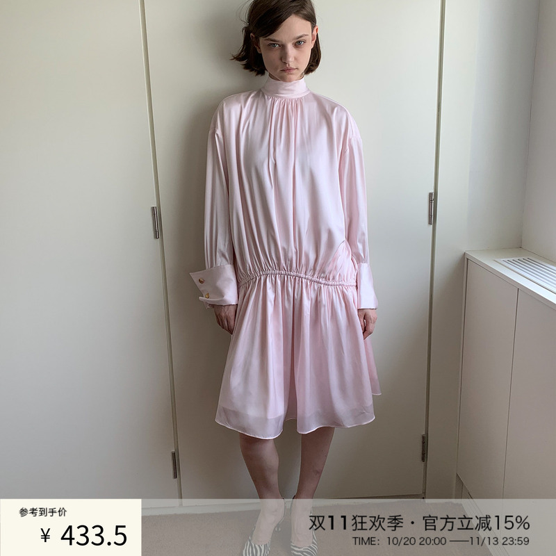 Spoii Pink Satin Dress with Gold Buttons, Wide Cuffs, Small Stand Collar, Low Waist and Elasticated Waistband Spoii Pink Satin Dress with Gold Buttons, Wide Cuffs, Small Stand Collar, Low Waist and Elasticated Waistband