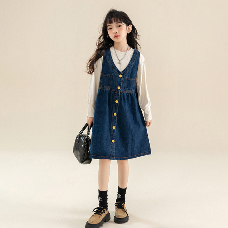 Ballabala girl's autumn dress dress suit 2023 new children denim skirt big child trendy braces skirt-Taobao