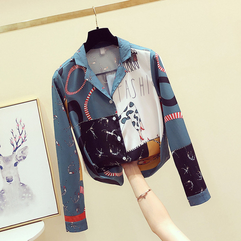 Brand discount store women's clothing clearance special spring and autumn colours retro port printed snow spinning shirt woman