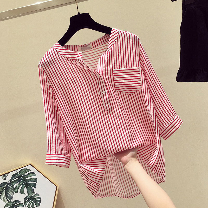 Brand Discount Store Women's Clothing Cut Mark Clear Bin Spring Summer V Collar 70% Sleeves Red Striped Snow Spinning Shirt Woman Autumn