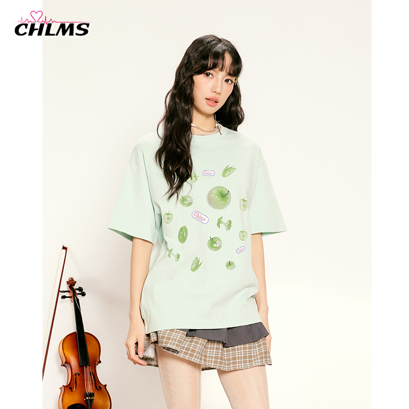 Chlms Japanese Style Retro Oil Painting Apple Print Trendy Brand Short-Sleeved Top Women's Versatile Casual Cotton Summer T-Shirt Chlms Japanese Style Retro Oil Painting Apple Print Trendy Brand Short-Sleeved Top Women's Versatile Casual Cotton Summer T-Shirt