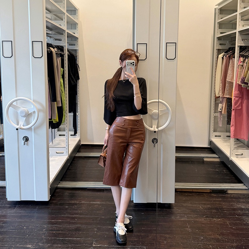 "Old Tone Chestnut Light" Pu Leather Pants for Women 2026 New Autumn Commuter Slimming Versatile Straight-Leg Mid-Length Pants
