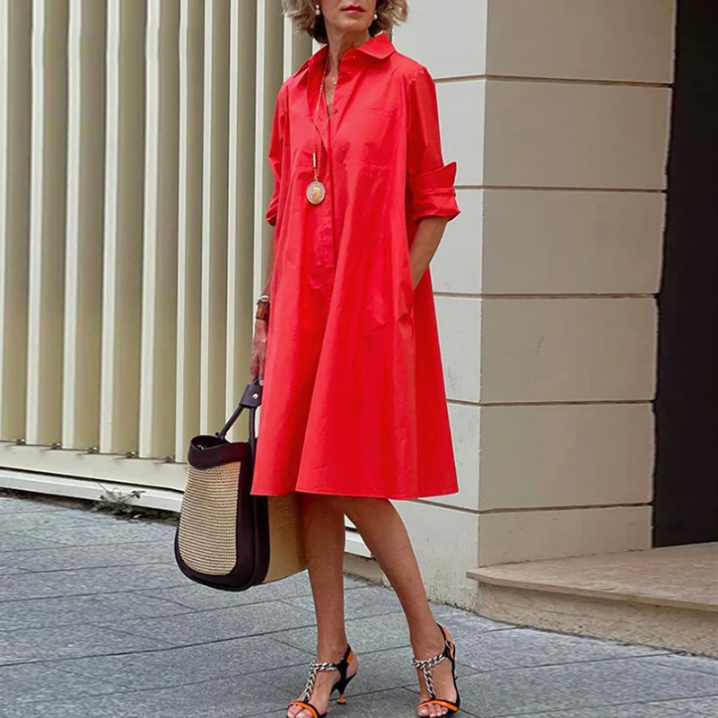 Long Sleeved Lapel Shirt Dress Simple Solid Color Long Sleeve Collared Shirt Dress