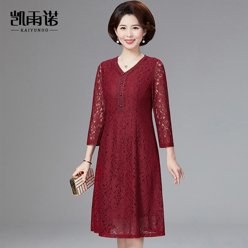 2026 Spring/Summer New High-End Dress for Middle-Aged and Elderly Women, Red Lace Hollow-Out Mother's Banquet Dress, Suitable for Daily Wear