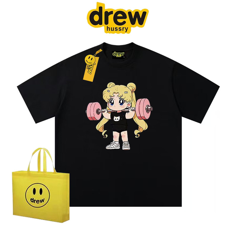Drew American-Style Trendy Brand Cartoon Barbell Cute Girl Print Short-Sleeve T-Shirt for Women, Couple Street Style Pure Cotton Fun Top