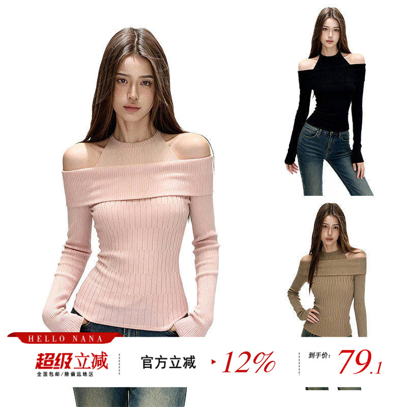 Hello Nana Design-Inspired Two-Piece Look Off-Shoulder Long-Sleeve Knit Top for Women, Autumn Slim-Fit One-Shoulder Top Hello Nana Design-Inspired Two-Piece Look Off-Shoulder Long-Sleeve Knit Top for Women, Autumn Slim-Fit One-Shoulder Top