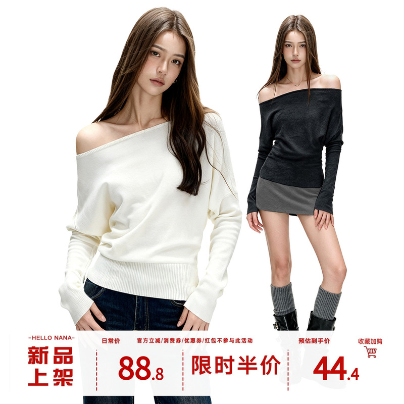 Hello Nana White Off-Shoulder Long-Sleeve Knit Top for Women, Autumn Inner Layer Sweater, Waist-Cinching Asymmetrical Shoulder Top
