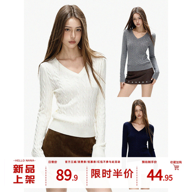 Hellonana Twist V-Neck Long-Sleeved Knitwear for Women in Autum Slim Fit White Embroidered Knitwear Inner Top Hellonana Twist V-Neck Long-Sleeved Knitwear for Women in Autum Slim Fit White Embroidered Knitwear Inner Top