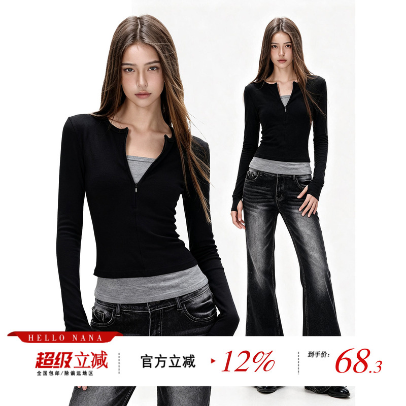 Hellonana Stylish Two-Piece Look Long-Sleeve T-Shirt for Women, Autumn Slim-Fit Half-Zip V-Neck Top Hellonana Stylish Two-Piece Look Long-Sleeve T-Shirt for Women, Autumn Slim-Fit Half-Zip V-Neck Top