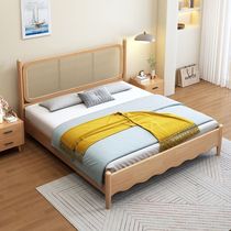 Retro rattan solid wood bed 1 8 meters master bedroom 1 5 meters household double bed log Nordic bed and breakfast rattan silent bed
