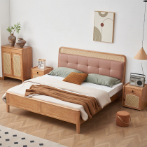 WT9P wabi-sabi style retro solid wood rattan bed small apartment B&B bedroom home B&B 1 5m1 8m double
