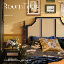 4I French bed retro rattan bed 1 5M1 8M double bed wabi-sabi style American solid wood bed master bedroom storage bed