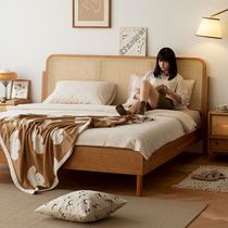 Rattan solid wood bed cherry wood Japanese furniture Nordic 1 8 double bed master bedroom 1 5 meter retro bed modern simple