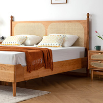 Nordic style solid wood bed 1 8m1 5m retro rattan cherry wood small apartment Japanese style single and double bed adjustable height