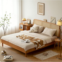 Euler Furniture Rattan Solid Wood Bed Cherry Wood Japanese Furniture Nordic 1 8 Double Bed Master Bedroom 1 5 Meter Retro Bed