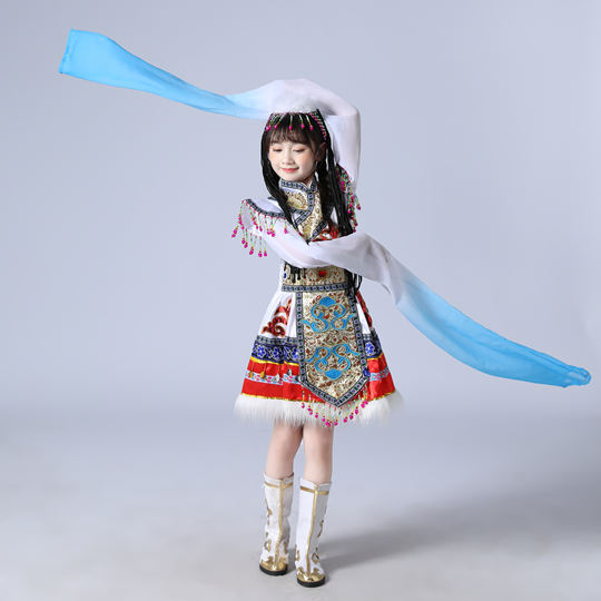 少数民族鄂伦春族服装女童舞蹈藏族传统服装鄂温克族儿童演出服饰