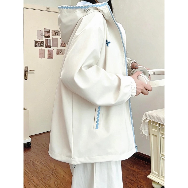 Korean-Style American Retro Color-Blocking Shell Embroidery Hooded Jacket for Women, Autumn Design, Loose Fit, Versatile Windbreaker Jacket Korean-Style American Retro Color-Blocking Shell Embroidery Hooded Jacket for Women, Autumn Design, Loose Fit, Versatile Windbreaker Jacket