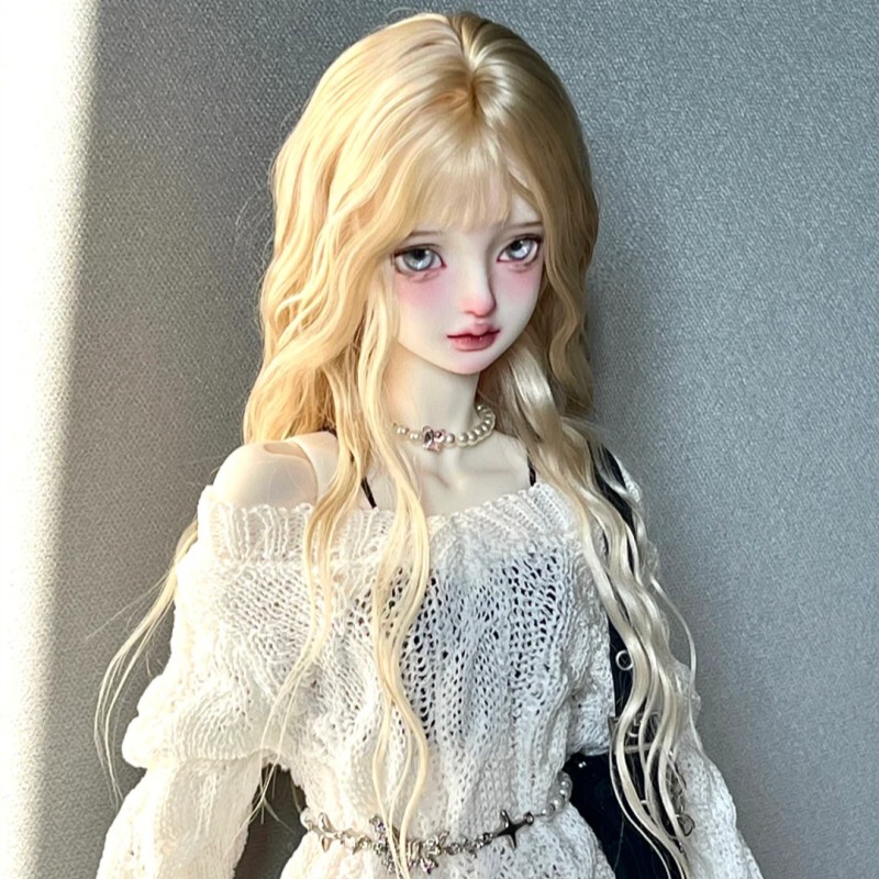 Bjd Wig with Bangs, Long Wavy Hair, Full Head Cover, Elastic Net, 1/3, 1/4, 1/6 Scale, Personalized Fashion, Light Golden Color