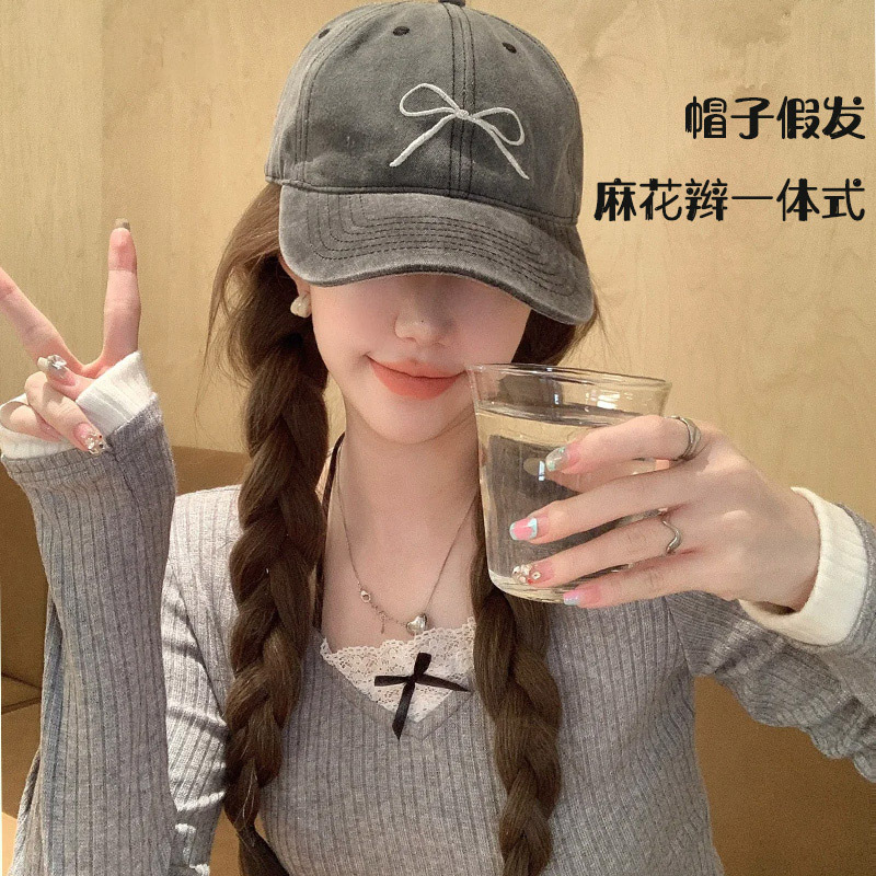 Hat Wig for Women with Braided Long Hair, New Spring Style, Full Head Cover Type with Embroidered Bow Hat Wig