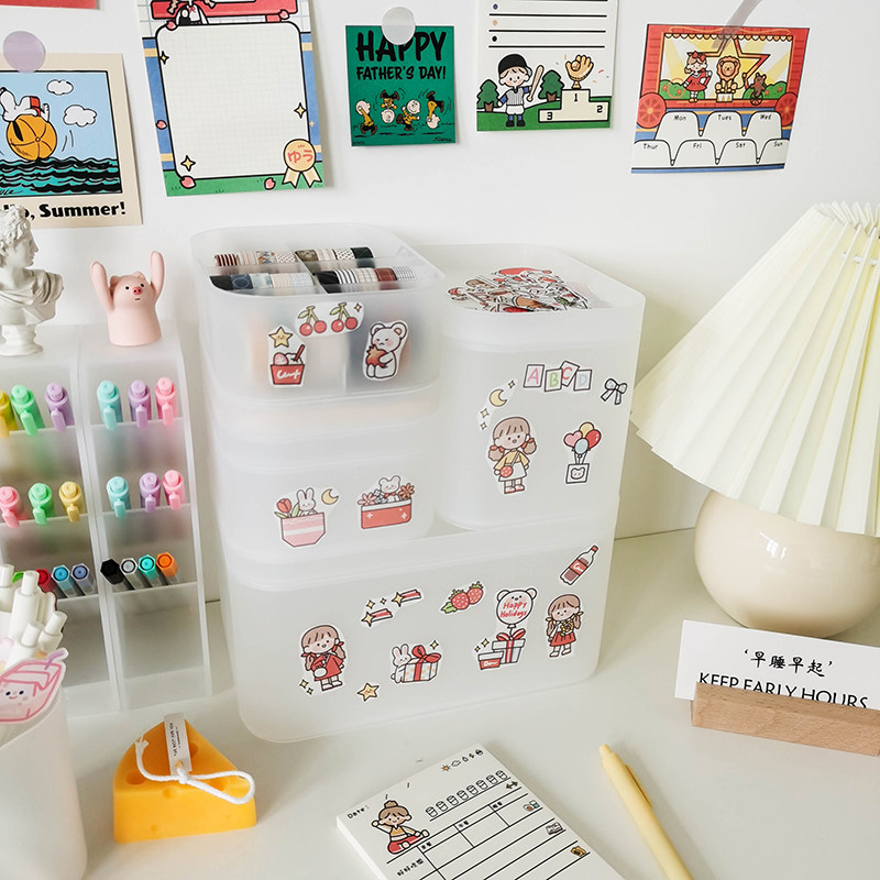 INS Girl Heart Storage Box Frosted Transparent Tape Cover Student Hostel Desktop Stationery Cosmetics Finishing Box